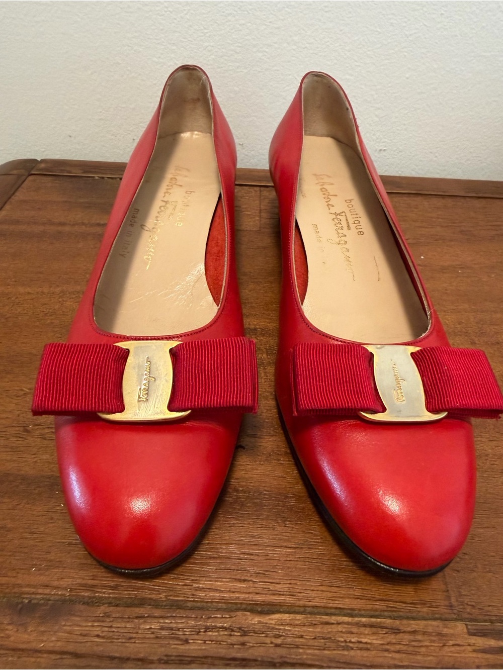 Salvatore Ferragamo Red Vara Bow Leather Flats with Gold-Tone Accent